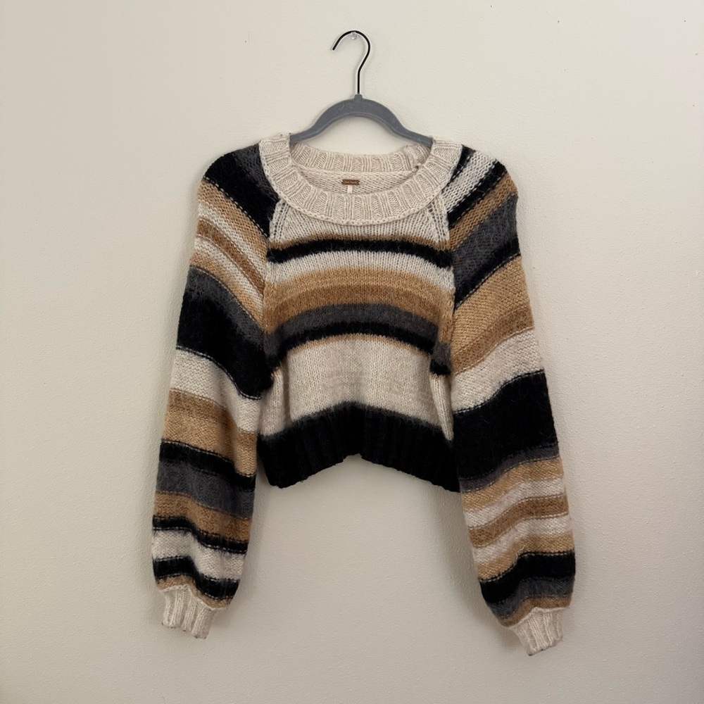 Free People Cropped Striped Knit Sweater XS Neutral Cozy